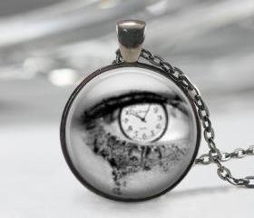 Clock Necklace Pendant, Eye Clock pendant, Black Charm, Art Pendant