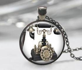 Vintage telephone Necklace Pendant, telephone pendant, Black Charm, Art Pendant