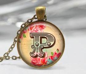  Floral Initial Necklace,Glass Art Pendant Picture Pendant Photo Pendant Hancrafted 
