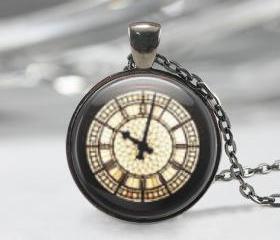 Clock Necklace Pendant, Clock pendant, Black Charm, Art Pendant