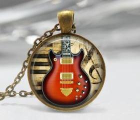 Electric Guitar Glass Pendant,Instrument Jewelry Electric Guitar Necklace 01