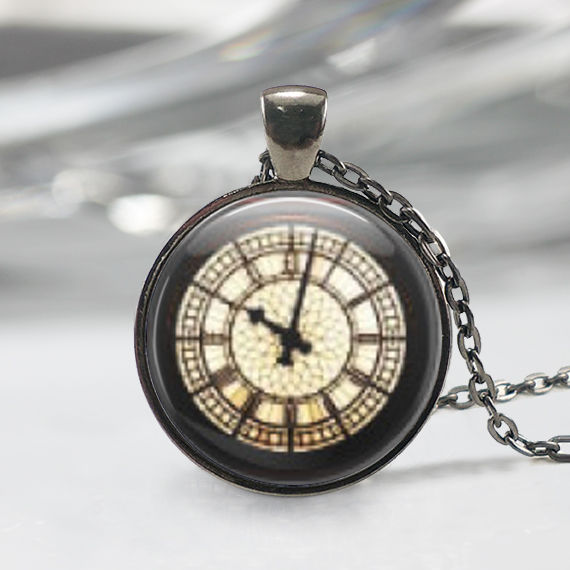 Clock Necklace Pendant, Clock Pendant, Black Charm, Art Pendant on Luulla